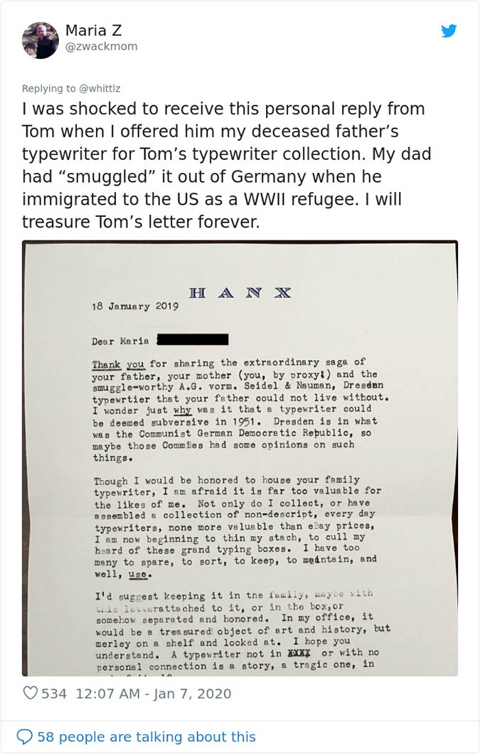 tom hanks thanks a fan for the typewriter with a typewritten letter