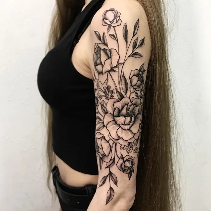 Blackwork floral tattoo dahlia roses ginkgo calla lilies  more with  dotwork and whip shading by Jacob Kearney at Metamorph Tattoo Chicago  r tattoos