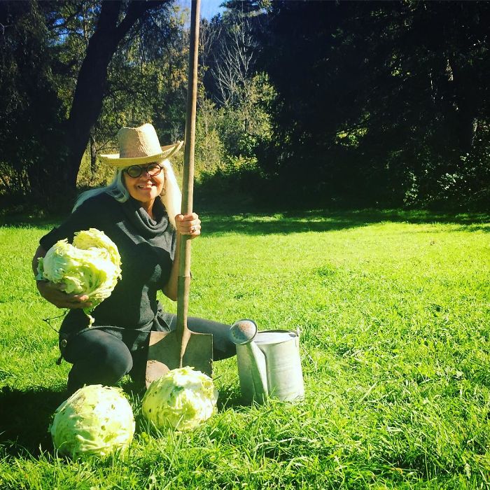 woman displays cabbages