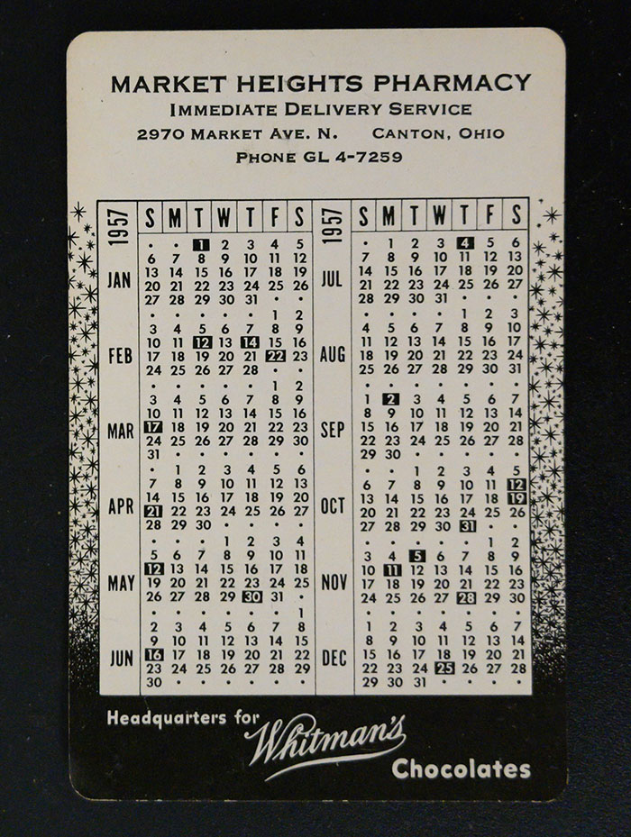 1957 Pocket Calendar from Market Heights Pharmacy