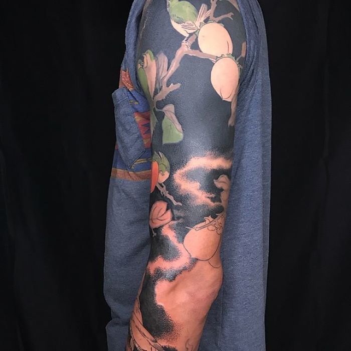 Birds and Persimmons on Black Background Body Art by Esther Garcia