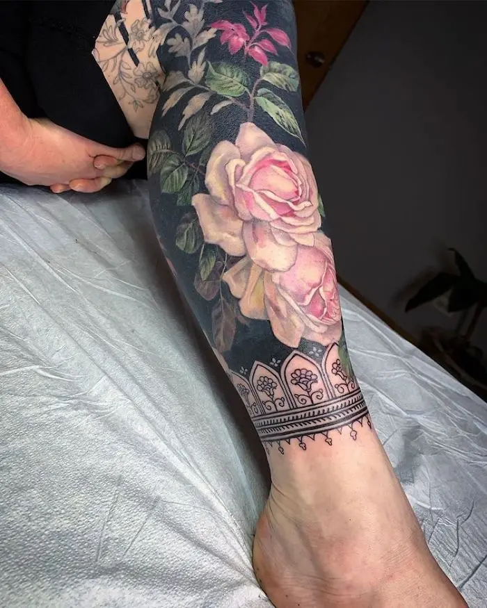 Floral Tattoo by Esther Garcia on Lower Leg