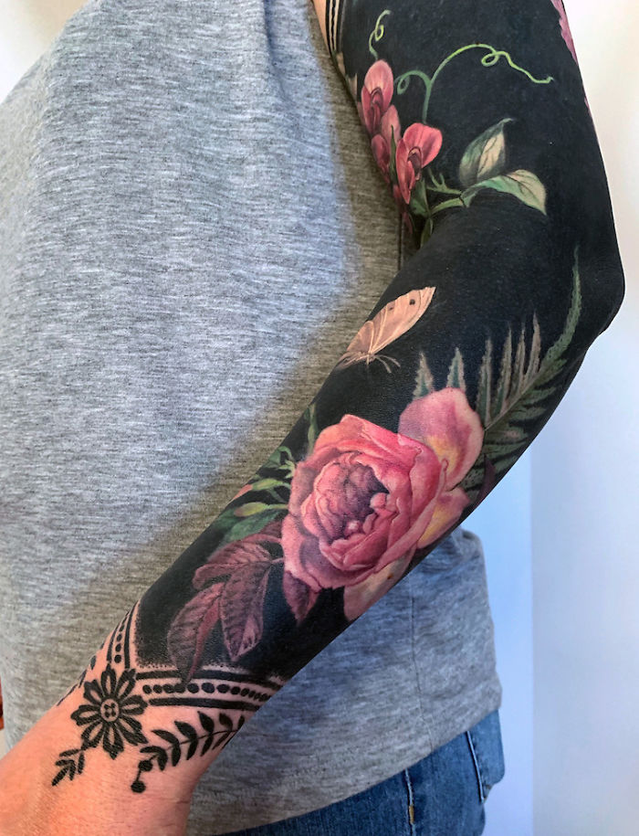 Flower and Butterfly Sleeve Tattoo by Esther Garcia