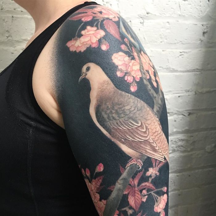 Flowers and Bird Blackout Tattoo Closeup by Esther Garcia