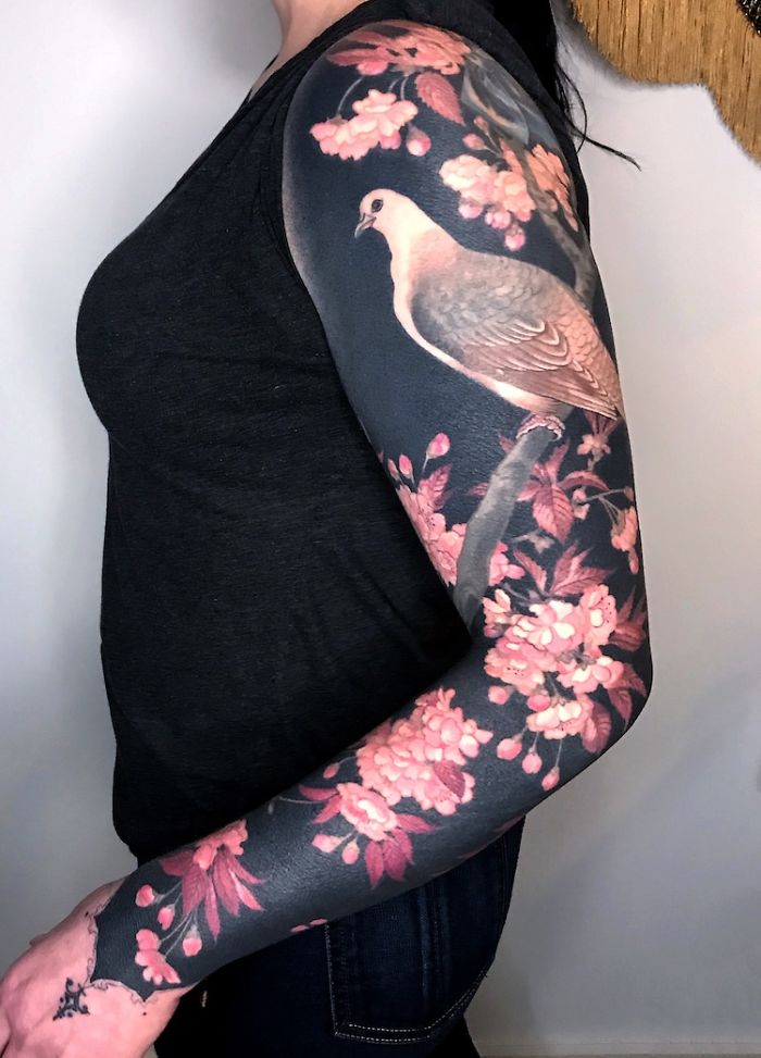 Flowers and Bird on Black Background Body Art by Esther Garcia