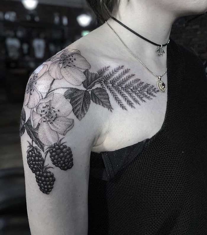 Flowers and Fruits Dotwork Tattoos by Annita Maslov