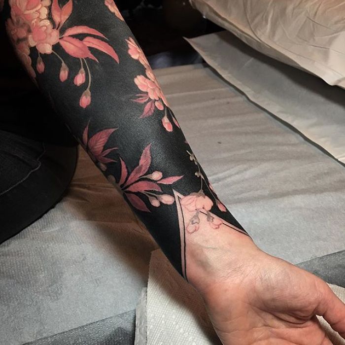 Flowers with Black Background Tattoo by Esther Garcia