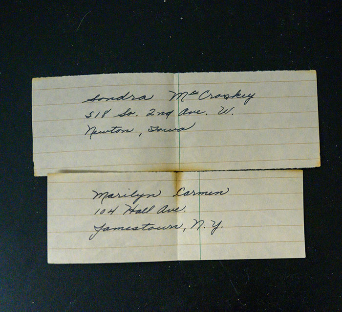 Handwritten Addressesof Sandra McCraskey and Marilyn Carmen