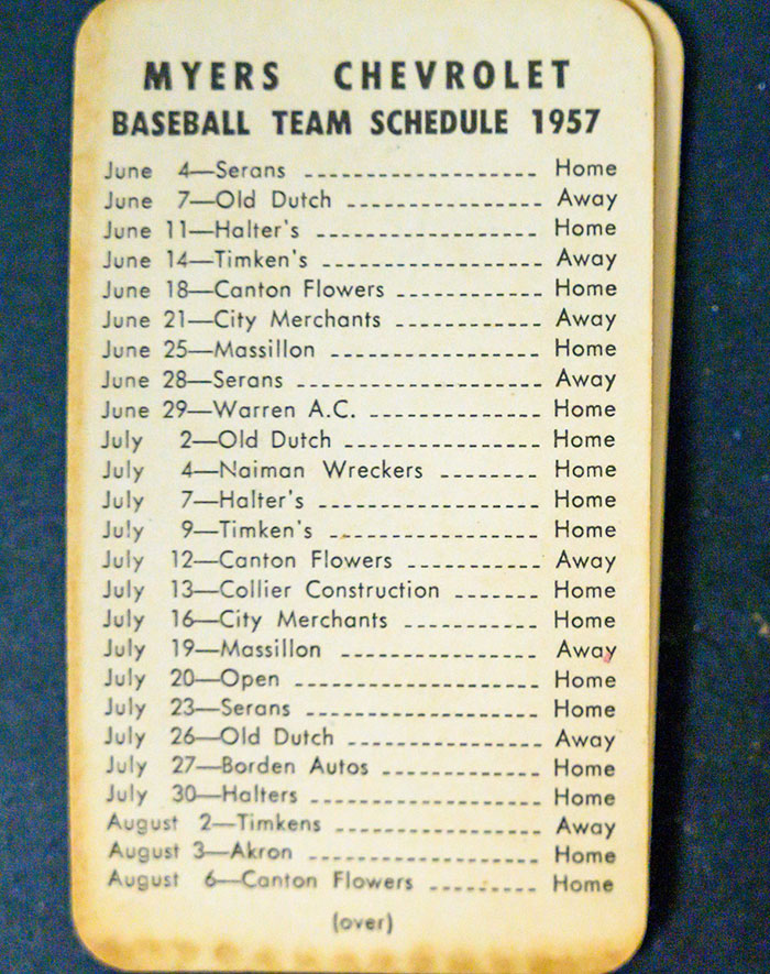 Myers Chevrolet Baseball Team Schedule 1957