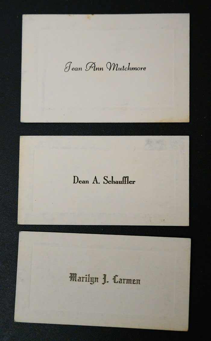 Name Cards of Jean Ann Mutchmore, Dean A. Schauffler, and Marilyn J. Carmen