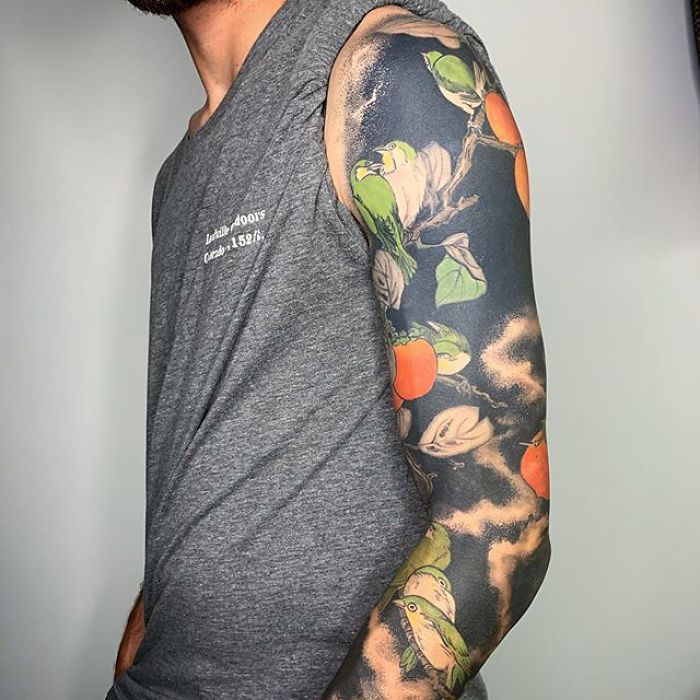 Persimmons and Birds Coverup Tattoo by Esther Garcia