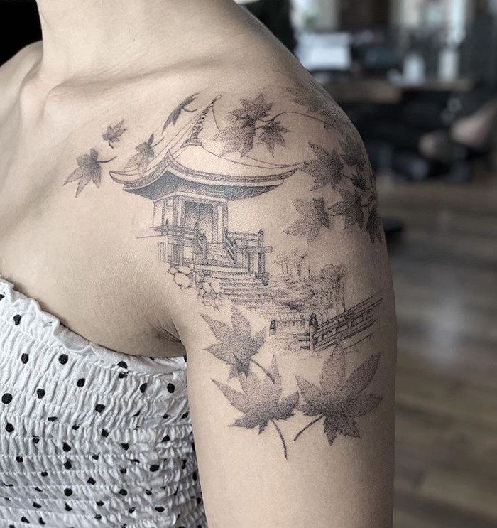 Temple in Autumn Dotwork Tattoo by Annita Maslov