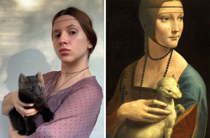 side by side comparison of umora and zhenya with an old painting