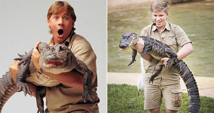 steve and robert irwin carrying crocodile