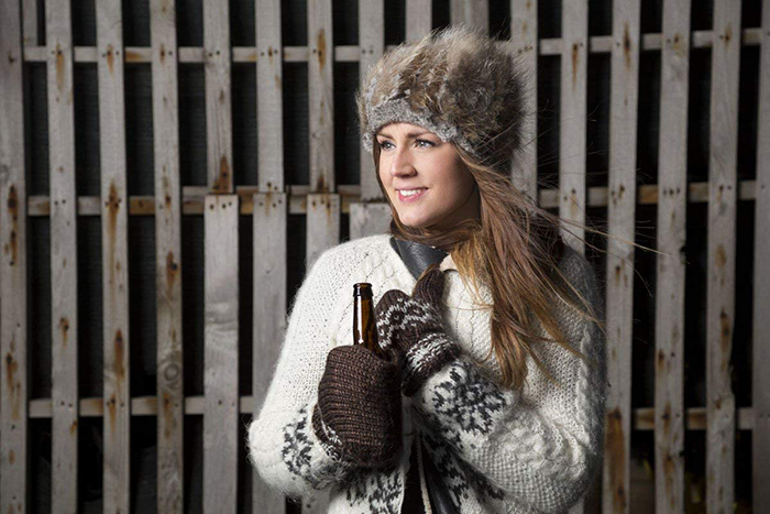 stitched hand gloves designed to hold beer