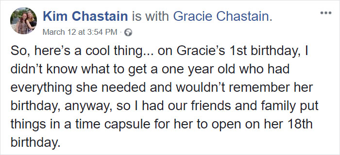 Kim Chastain Facebook Post Time Capsule Gift