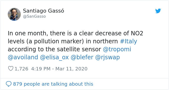 Santiago Gasso Tweet Regarding Italy's Pollution Level During Coronavirus Quarantine