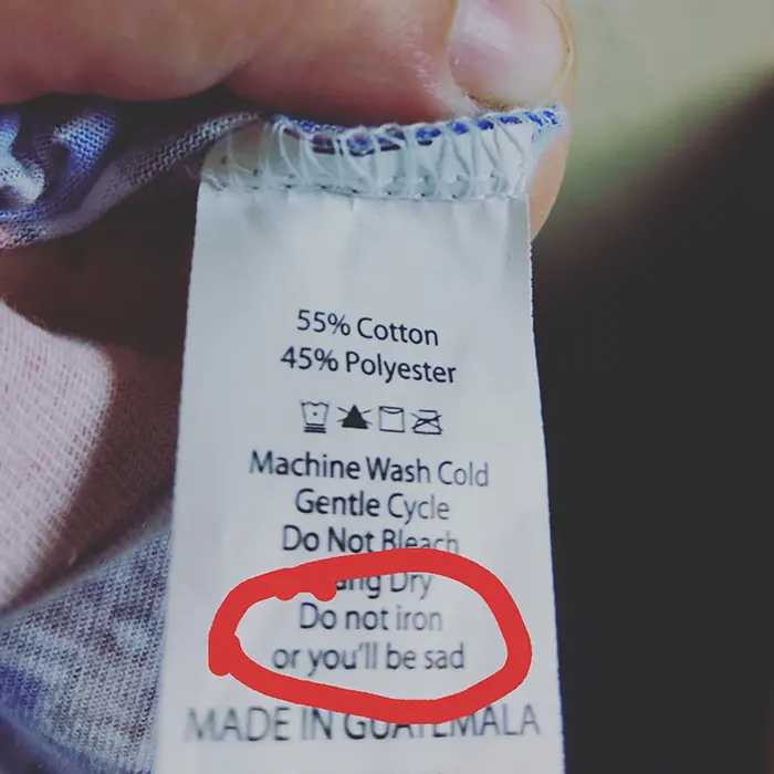 hilarious product label sad iron