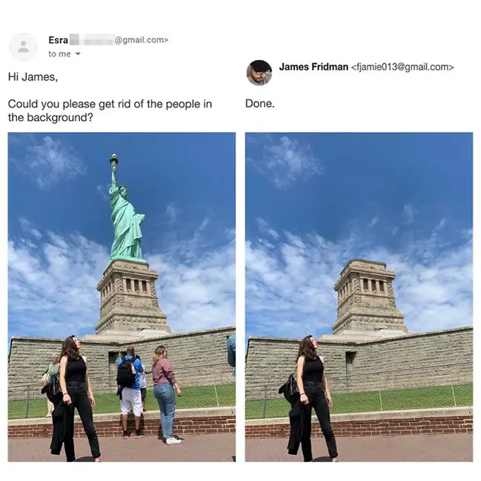 photoshop troll gets rid of people in the background including the statue of liberty