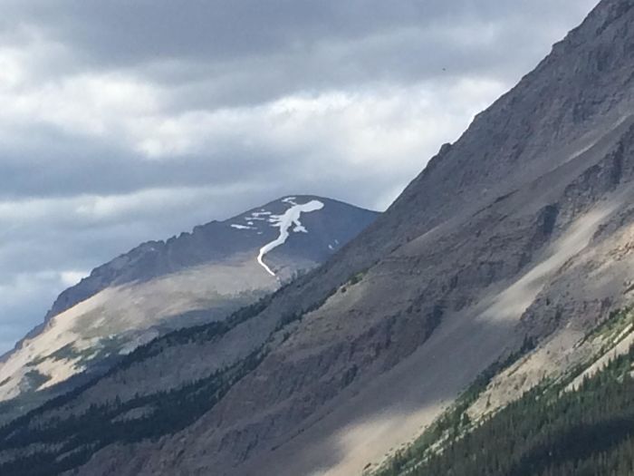 the snow on top of this mountain looks like a lizard