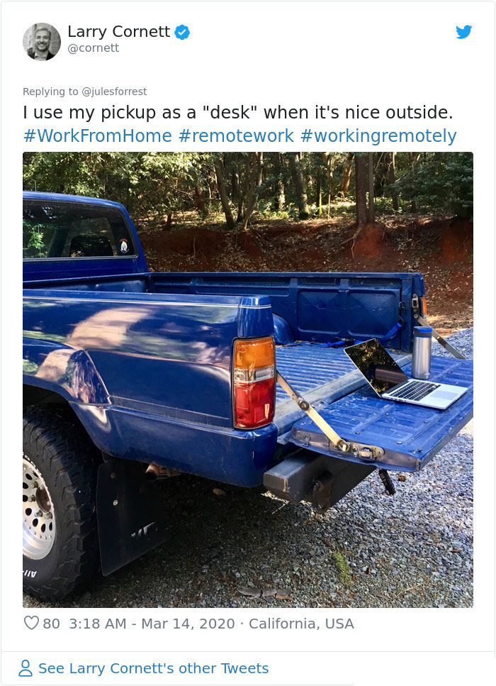 working from home unglamorous workspace pickup truck desk