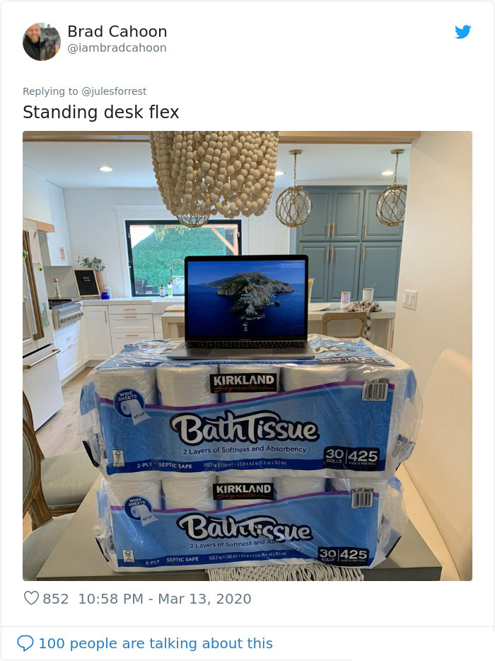 working from home unglamorous workspace toilet paper standing desk