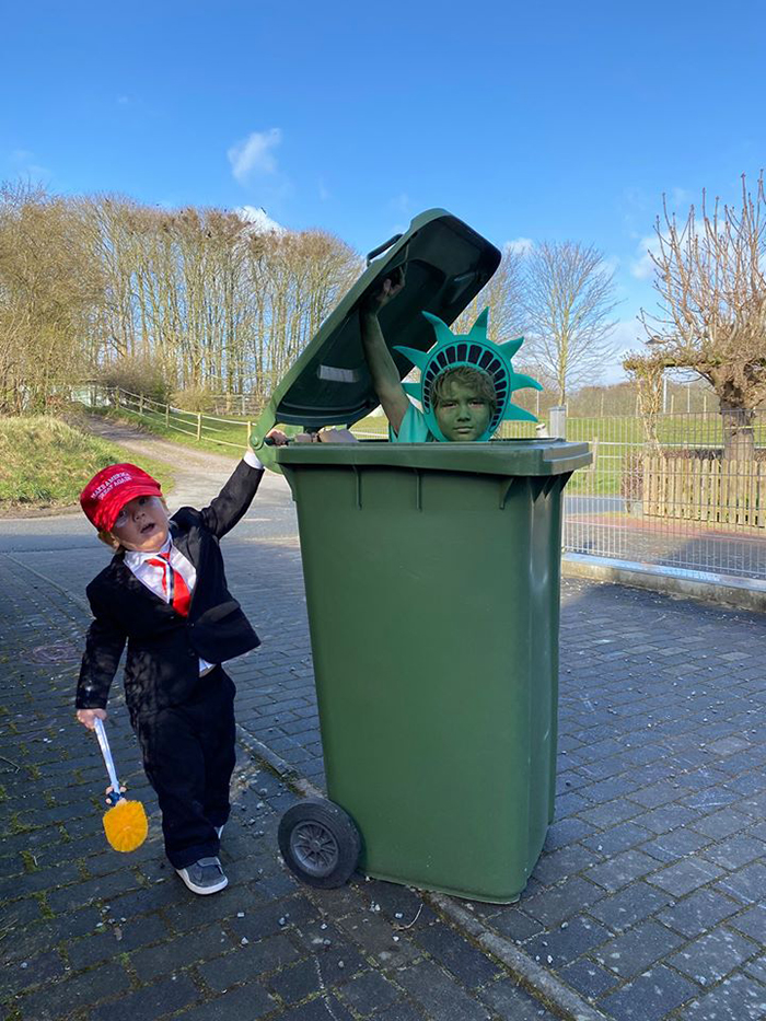 Bin Isolation Outing Boy Dressed as Donald Trump Taking Bin Out