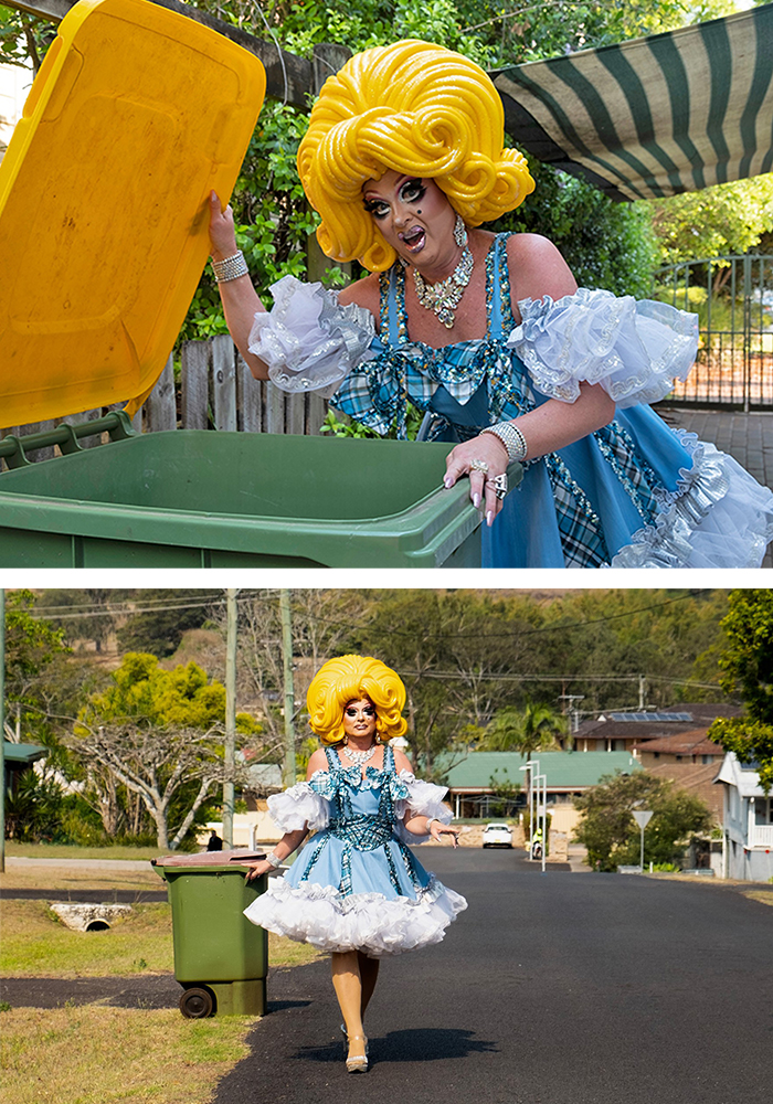 Bin Isolation Outing Person Dressed as Maude Boate Taking Bin Out