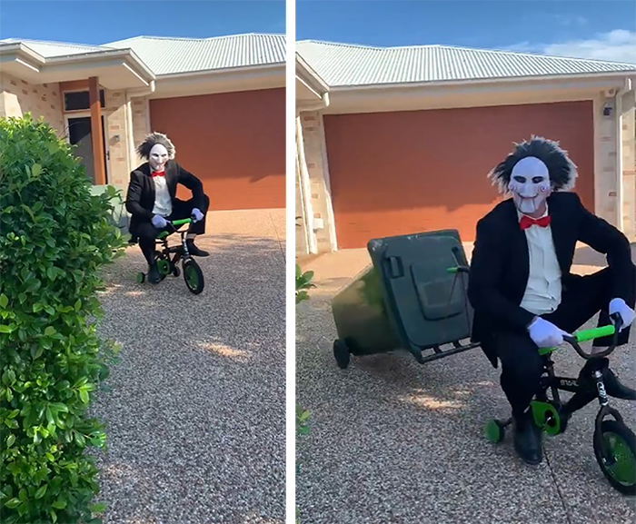 Person Dressed as Jigsaw Riding a Mini Bicycle