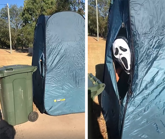 Person Inside a Tent Wearing Ghostface Mask Taking Trash Out