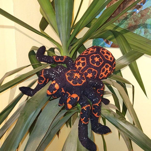 black and orange giant crochet spider on a plant