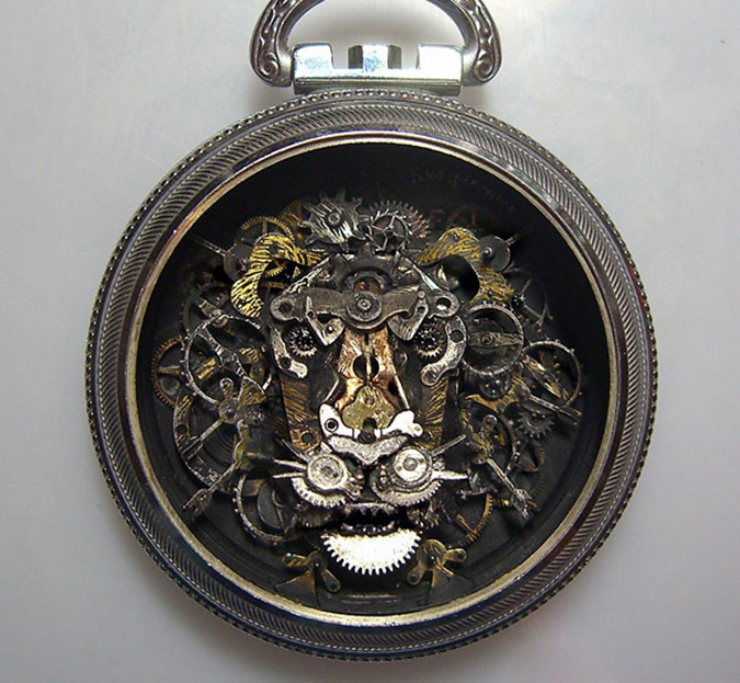 steampunk lion inside a pocket watch case