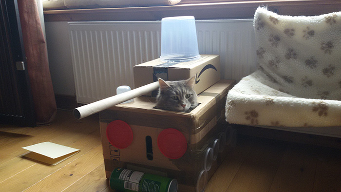 cat military vehicle made from amazon boxes