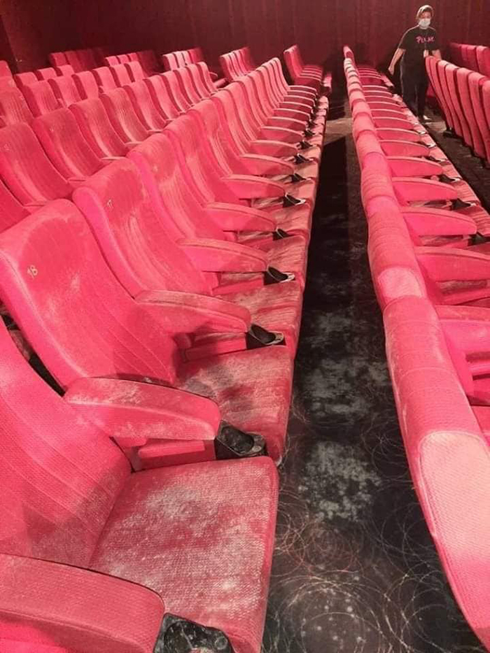 cinema seats and floor covered in mold