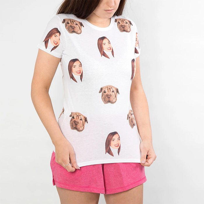 dog and owner faces printed on ladies shirt