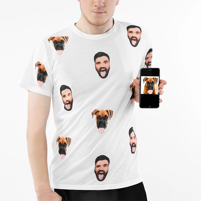 dog and owner faces printed on shirt