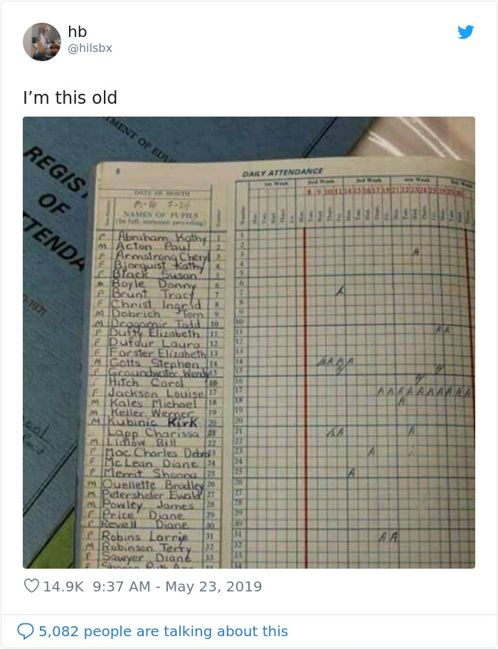 i am this old tweet attendance sheet