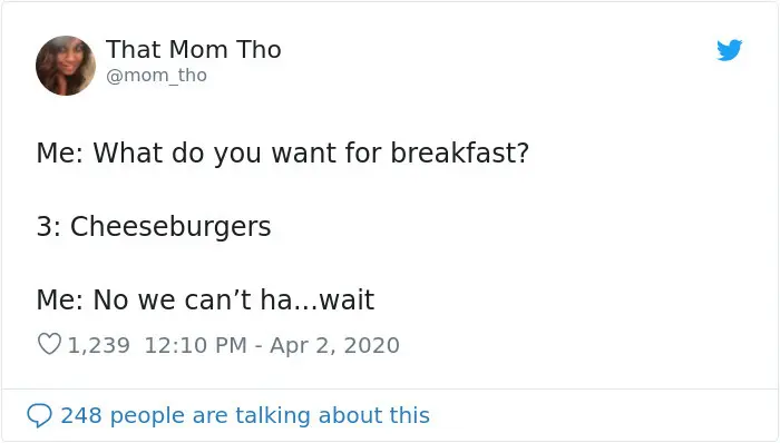 parenting tweets cheeseburgers for breakfast
