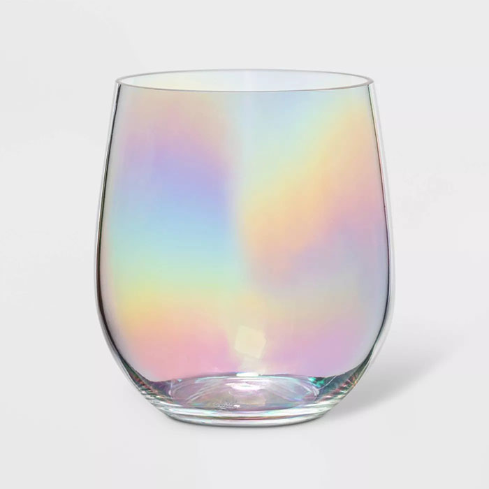 single iridescent stemless wine glass