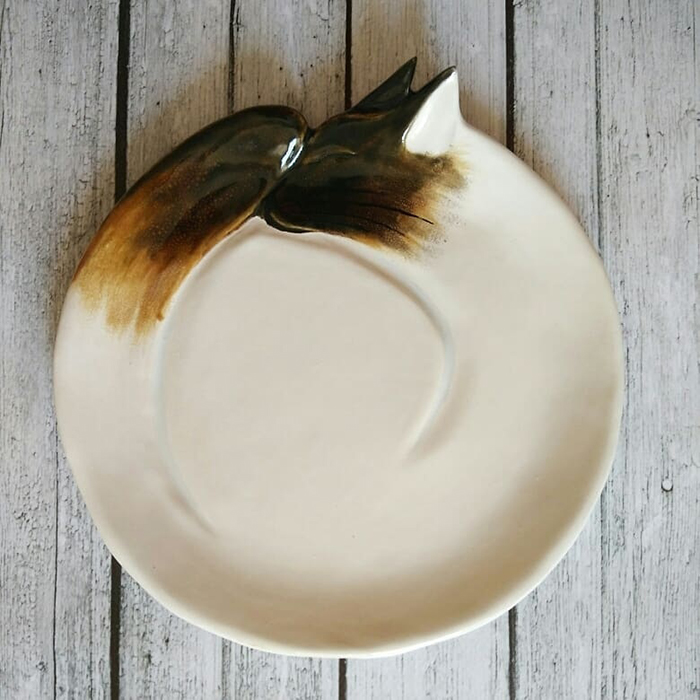 Ceramic Cat Plate White Brown