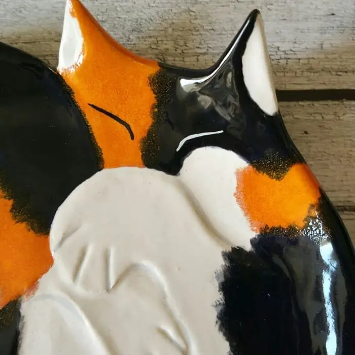 Ceramic Cat Plate White Orange Black Closeup