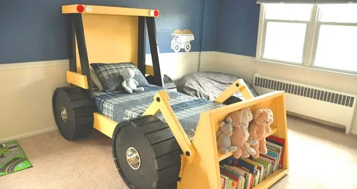 This Construction Truck Bed For Kids Comes With A Built In Bookshelf