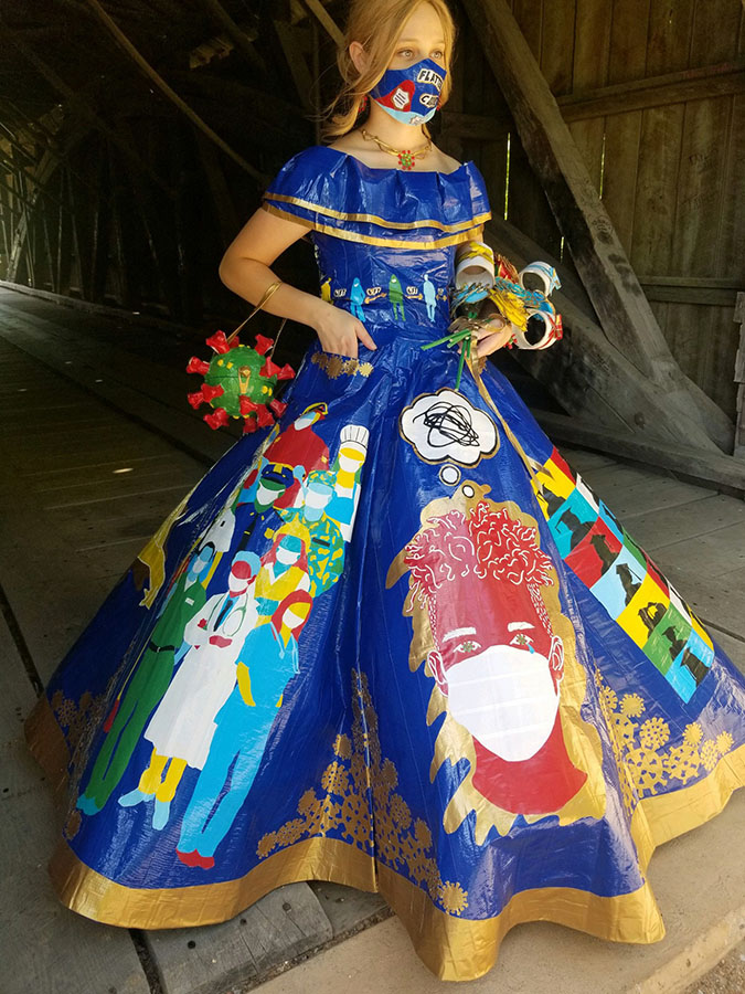 peyton manker wears her covid-19-themed diy prom dress