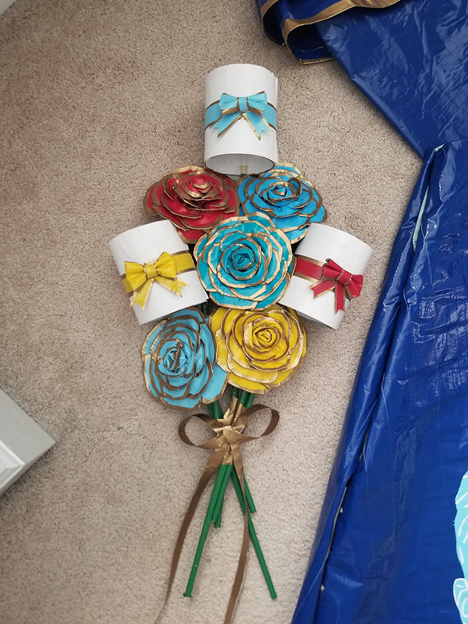 yellow and light blue rose bouquet made out of duct tape