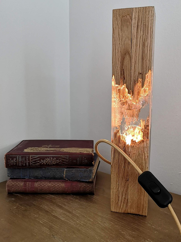 Epoxy Wooden Lamp and Books on Table