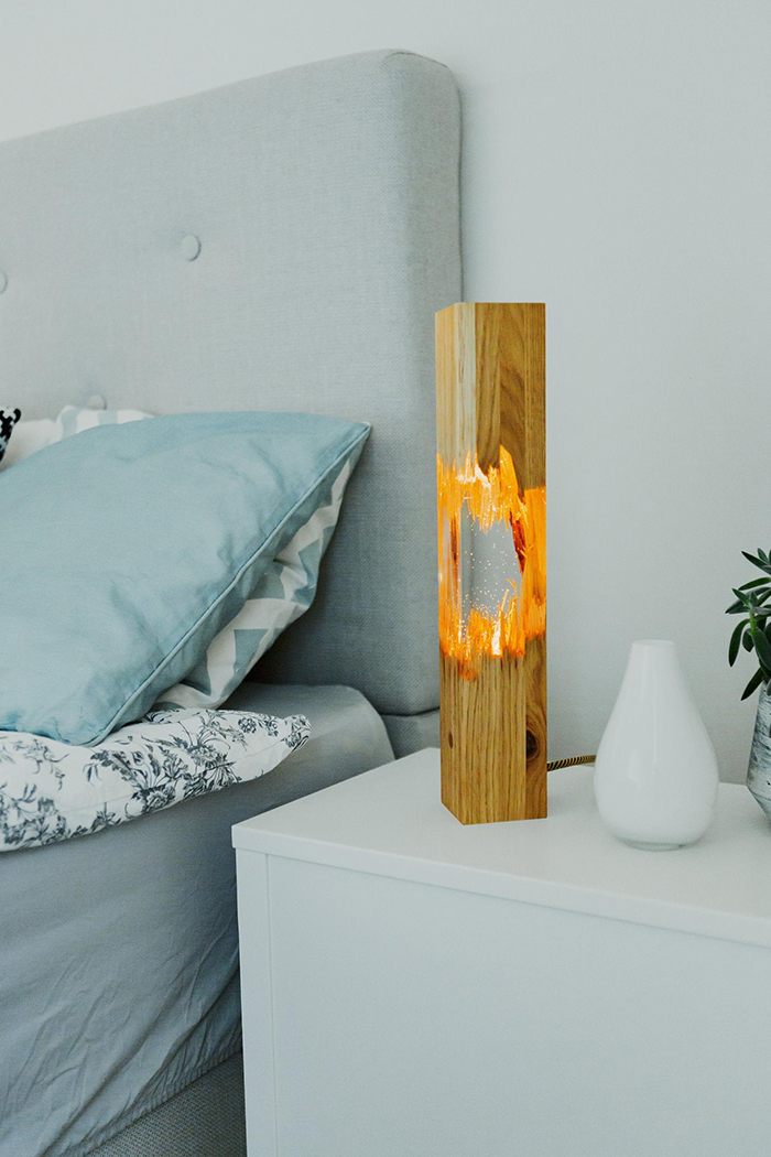 Epoxy Wooden Lamp on Bedside Table