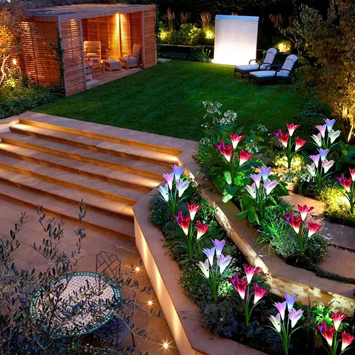 Solar-Powered Lily Flower Lights in Garden Walkway