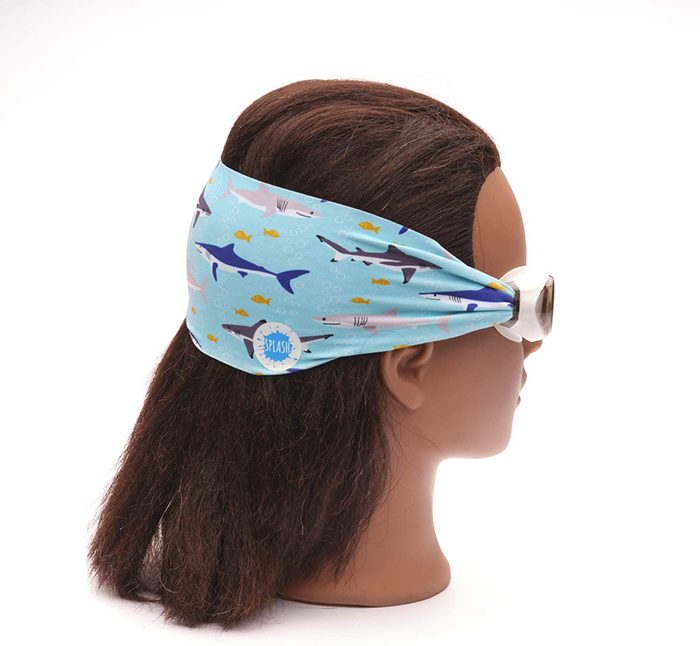 Swimming Eyewear with Protective Fabric for Hair in Shark Print