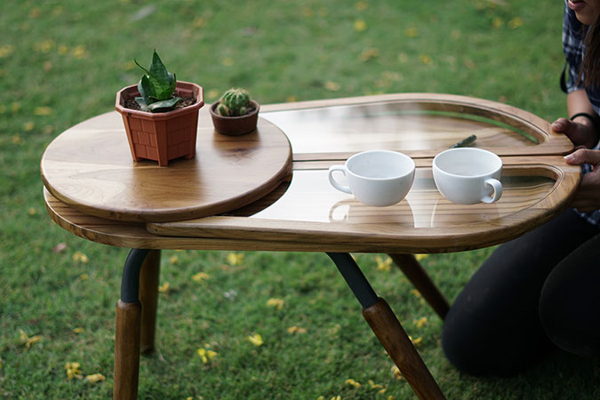 beetle-inspired coffee table with unexpanded wings