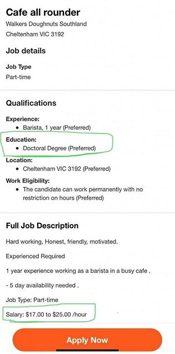 doctoral degree barista applying for a job